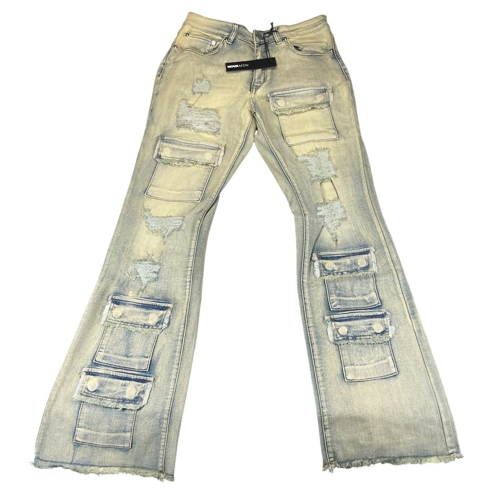 Fashion Nova Men Get Started Cargo Stacked Skinny Flare Jeans Distressed 30 Y2K